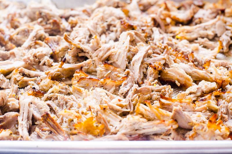 shredded Instant Pot pork carnitas on a tray