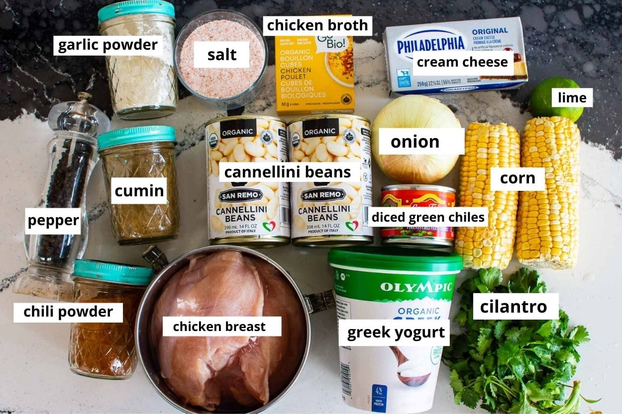 Chicken breasts, corn, beans, yogurt, cream cheese, spices, cilantro, green chilies, lime, chicken stock, onion.