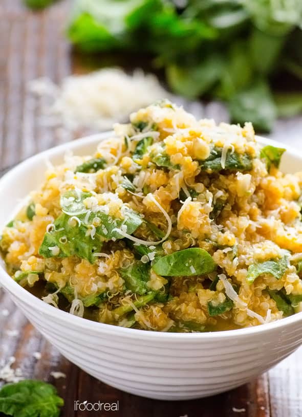 Parmesan pumpkin spinach quinoa recipe in bowl.