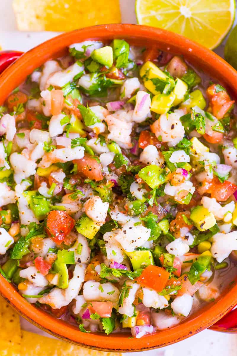 Shrimp ceviche recipe in a bowl and chips on a side.