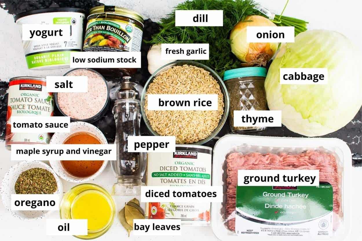 Ground turkey, diced tomatoes, cabbage, brown rice, tomato sauce, diced tomatoes, dill, vegetable stock, onion, garlic, yogurt, spices, oil. 