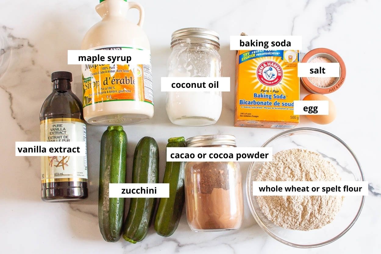 Zucchini, whole wheat flour, maple syrup, cacao powder, coconut oil, egg, salt, baking soda, vanilla extract.